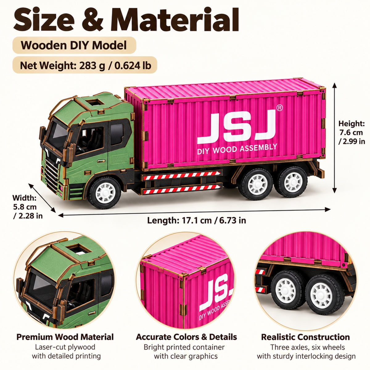 Green Cab & Pink Container wooden DIY truck model – dimensions and materials