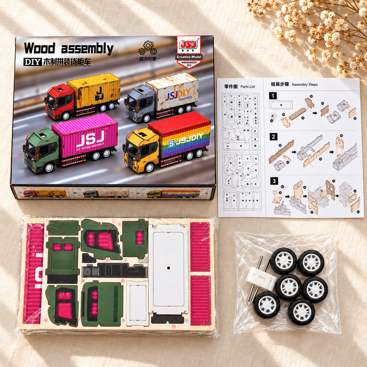 Green Cab & Pink Container wooden DIY truck model – included kit components