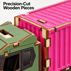 Green Cab & Pink Container wooden DIY truck model – wooden panel details