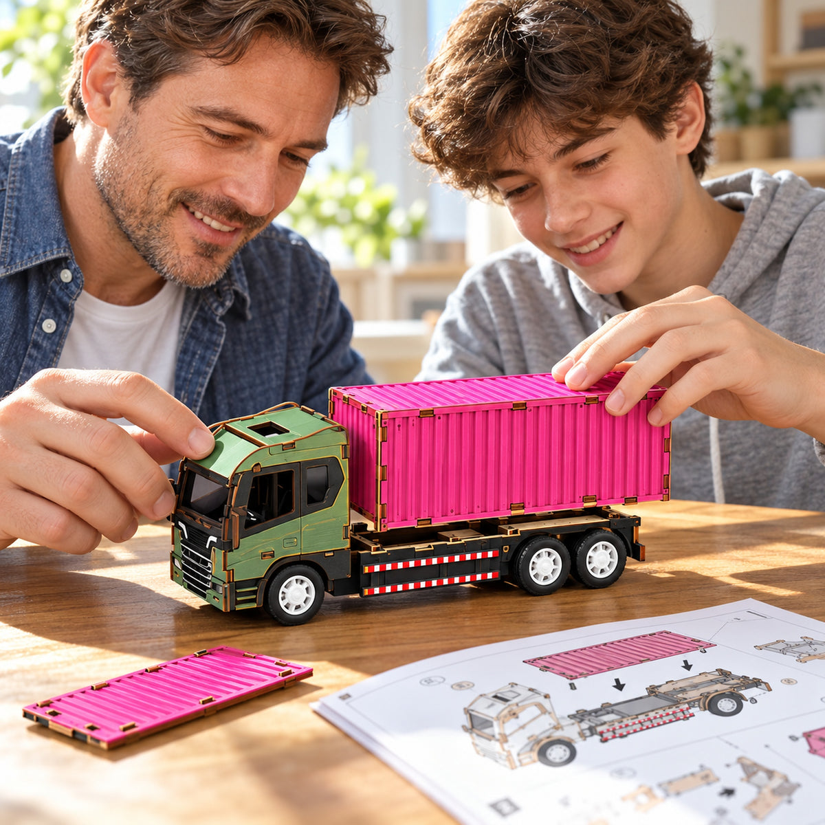 Green Cab & Pink Container wooden DIY truck model – assembly scene
