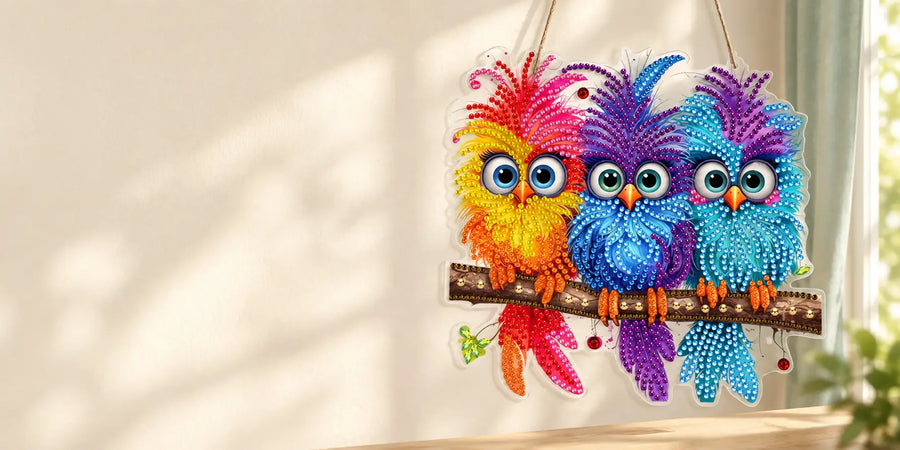 Colorful three-owl gem ornament hanging beside a window