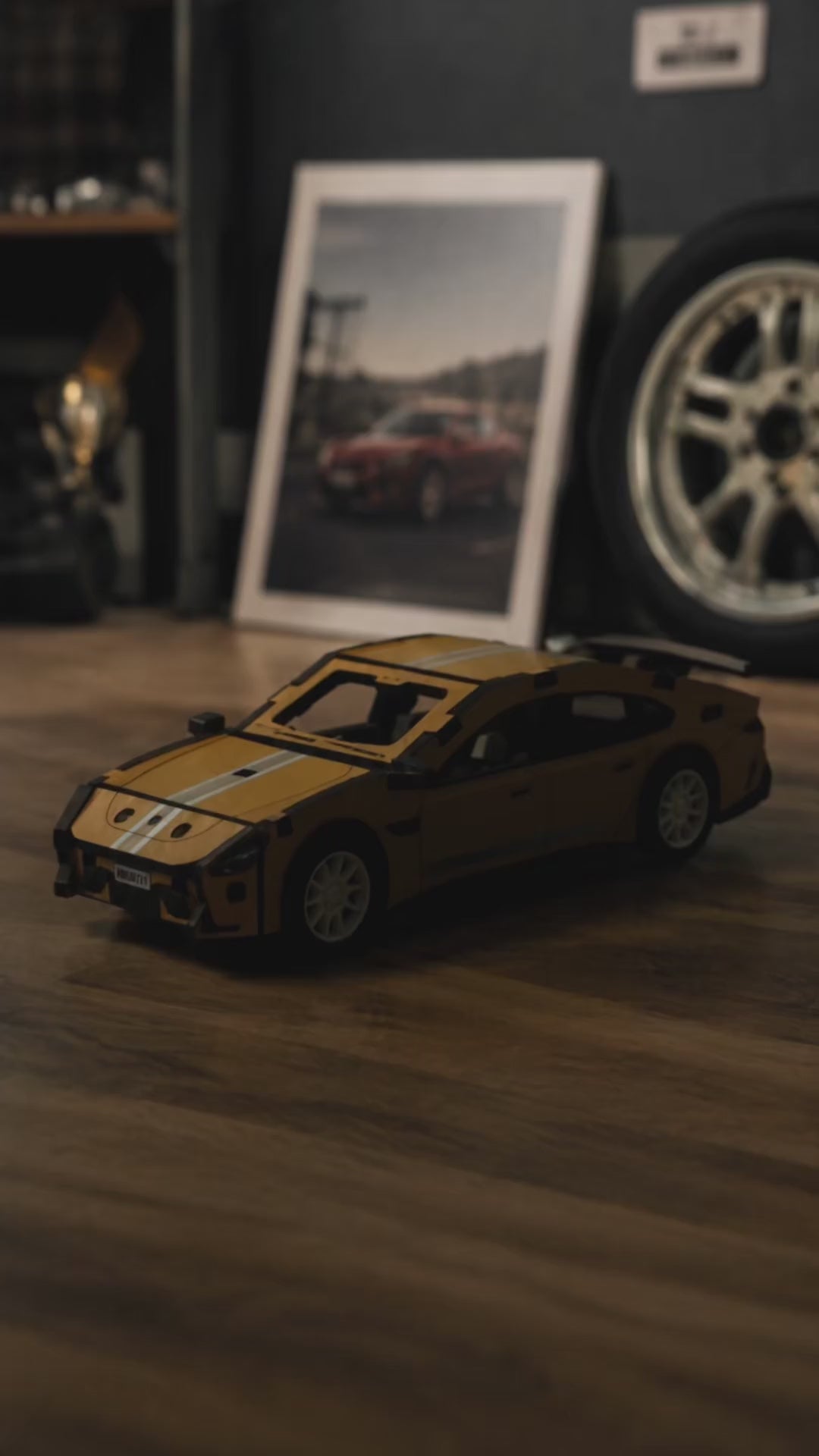 Yellow sports car wooden model assembly demonstration