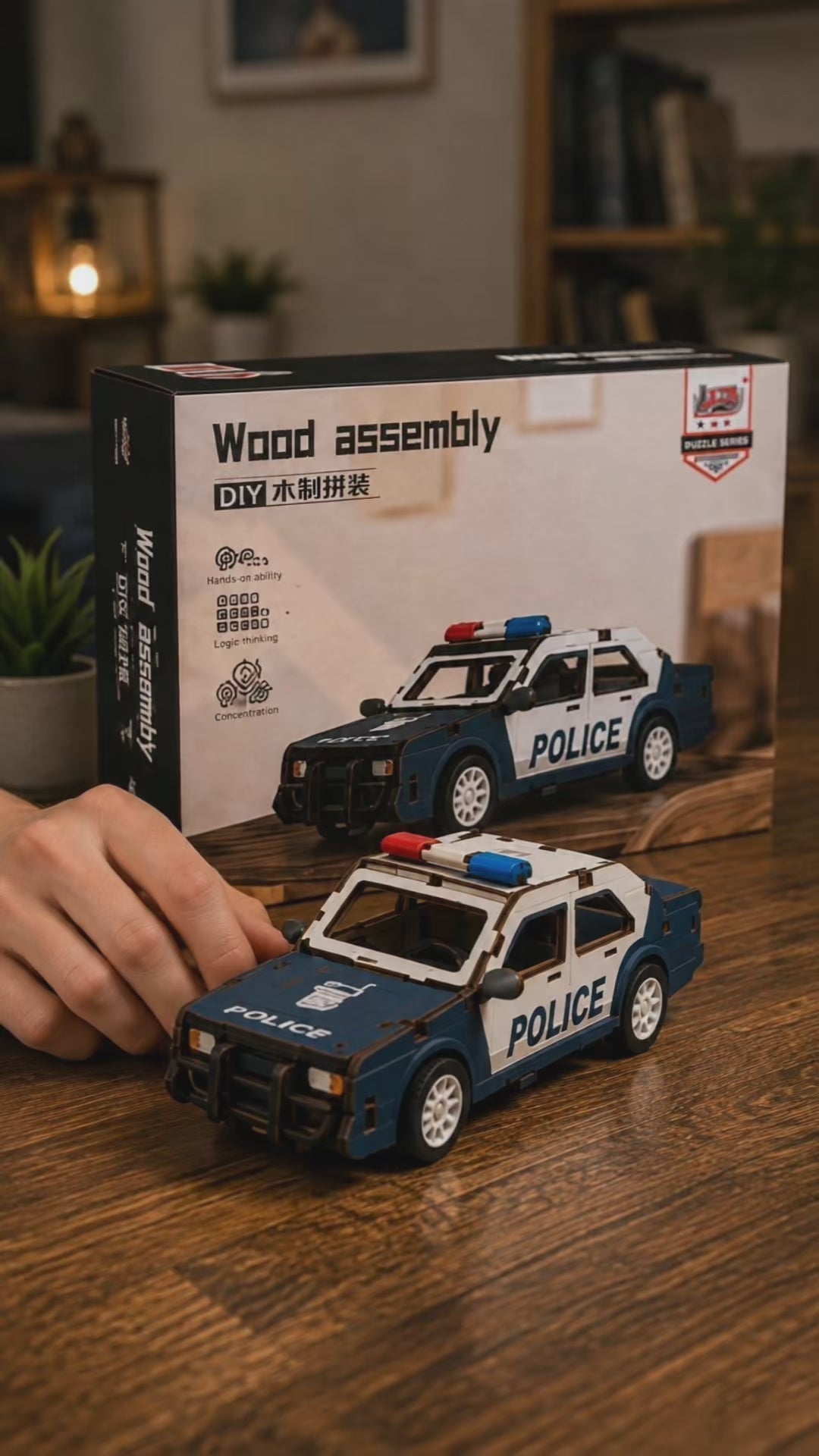 Blue and white police car wooden DIY model assembly video