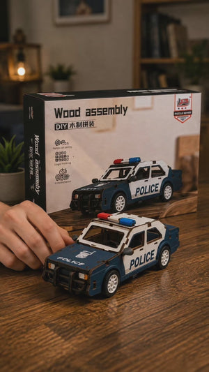 Blue and white police car wooden DIY model assembly video