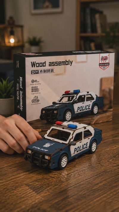 Blue and white police car wooden DIY model assembly video