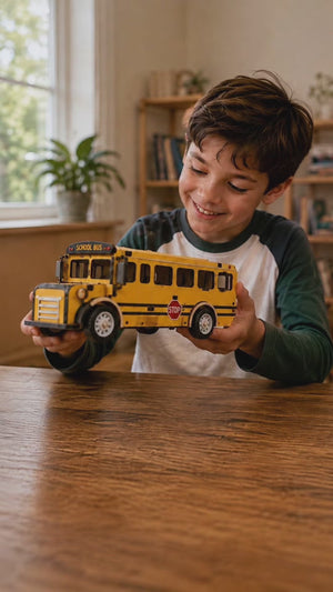 Yellow school bus wooden DIY model assembly video