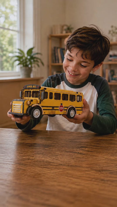 Yellow school bus wooden DIY model assembly video