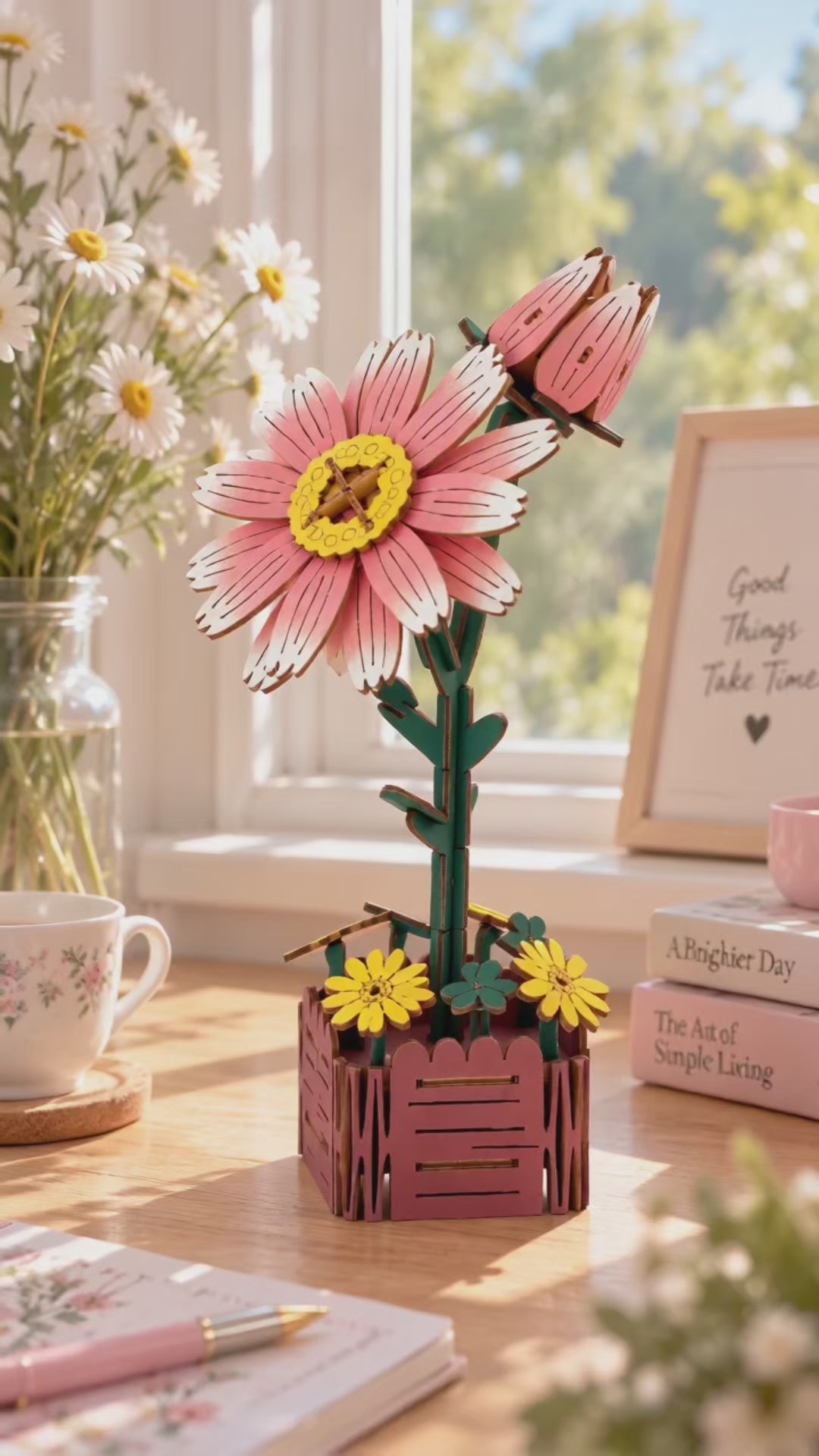 Pink Daisy Wooden 3D Puzzle Flower Kit – 99 Pieces