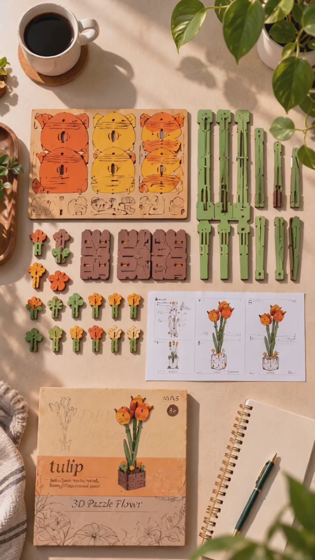 Orange Tulip Wooden 3D Puzzle Flower Kit – 60 Pieces