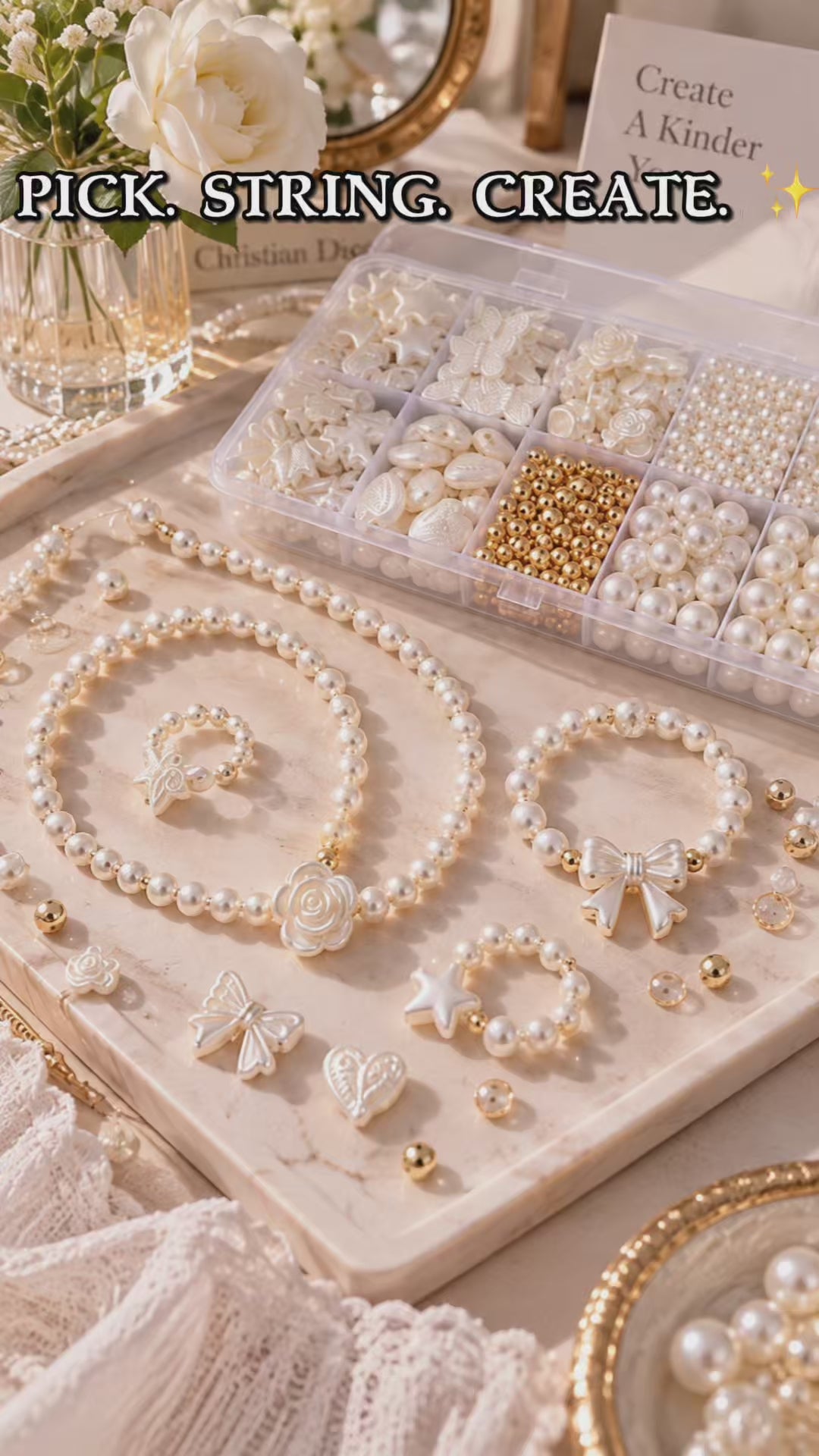 Faux Pearl Bead Bracelet Making Kit – 10-Compartment Organizer